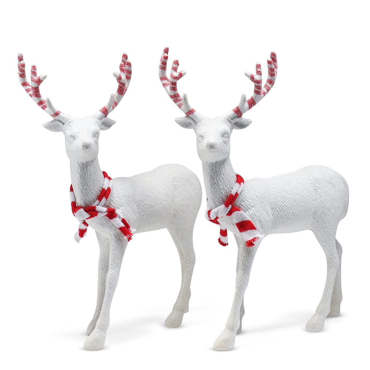 Ornativity Peppermint Glitter Christmas Reindeer – Holiday Party White Deer Figurine Statues with Red and White Antlers and Scarf Dinner Tabletop Decorations Centerpiece - Pack of 2